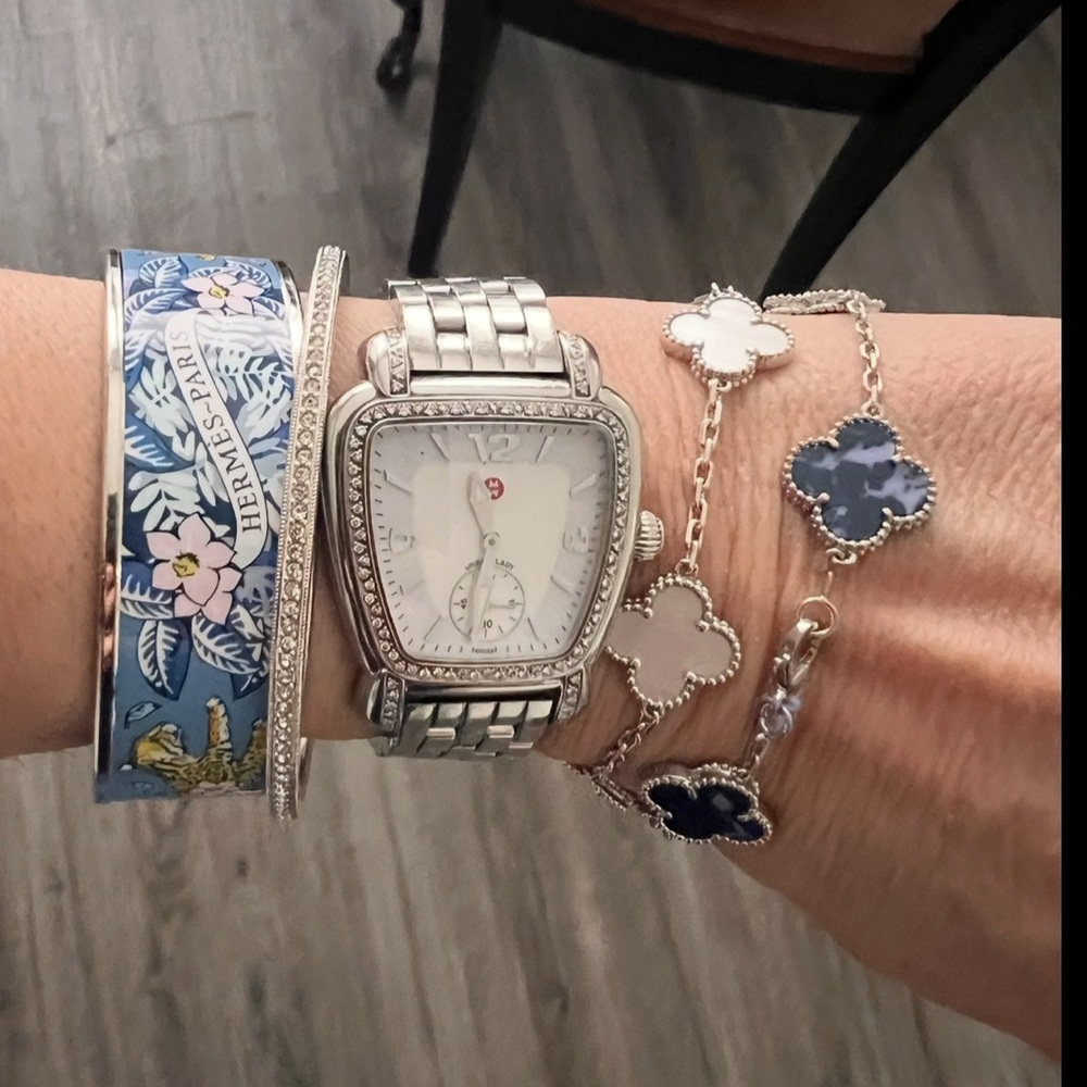 Hermès Blue Floral Bangle with palladium rims
